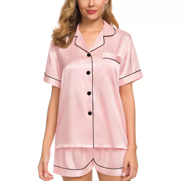 SWOMOG Womens Silk Satin Pajamas Set Short Sleeve Sleepwear Button Down Loungewear Checker Top and Shorts 2 Pcs PjsSakura Pink