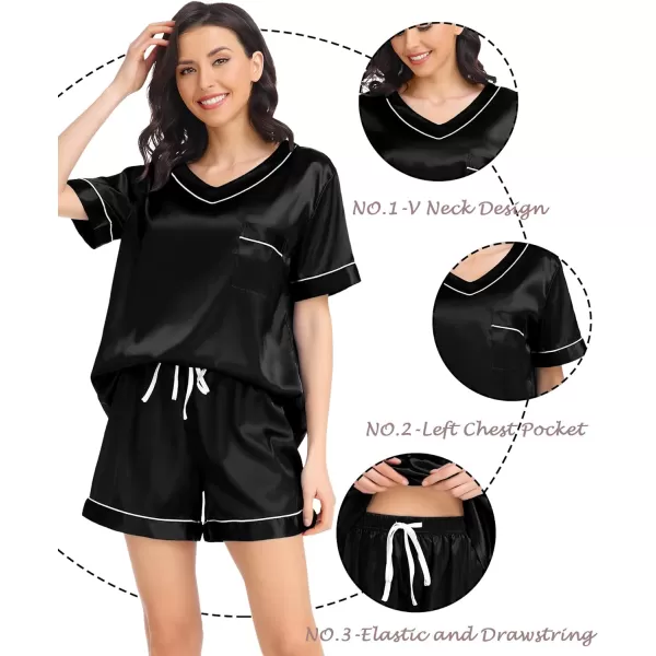 SWOMOG Womens Silk Satin Pajamas Set Silky Pj Sets Short Sleeve Comfy Lounge Sets V Neck Sleepwear Top with Shorts 2 PcsBlack