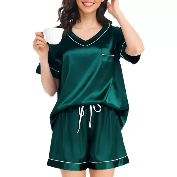 SWOMOG Womens Silk Satin Pajamas Set Silky Pj Sets Short Sleeve Comfy Lounge Sets V Neck Sleepwear Top with Shorts 2 PcsDeep Green