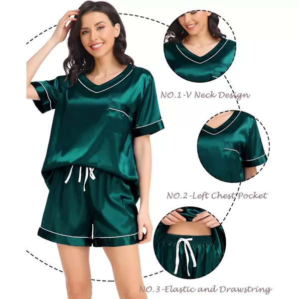 SWOMOG Womens Silk Satin Pajamas Set Silky Pj Sets Short Sleeve Comfy Lounge Sets V Neck Sleepwear Top with Shorts 2 PcsDeep Green