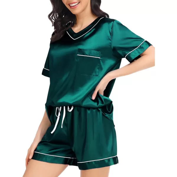 SWOMOG Womens Silk Satin Pajamas Set Silky Pj Sets Short Sleeve Comfy Lounge Sets V Neck Sleepwear Top with Shorts 2 PcsDeep Green