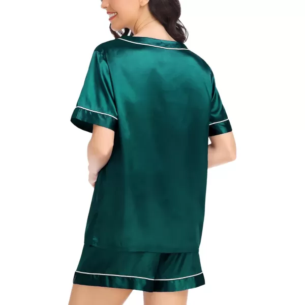 SWOMOG Womens Silk Satin Pajamas Set Silky Pj Sets Short Sleeve Comfy Lounge Sets V Neck Sleepwear Top with Shorts 2 PcsDeep Green