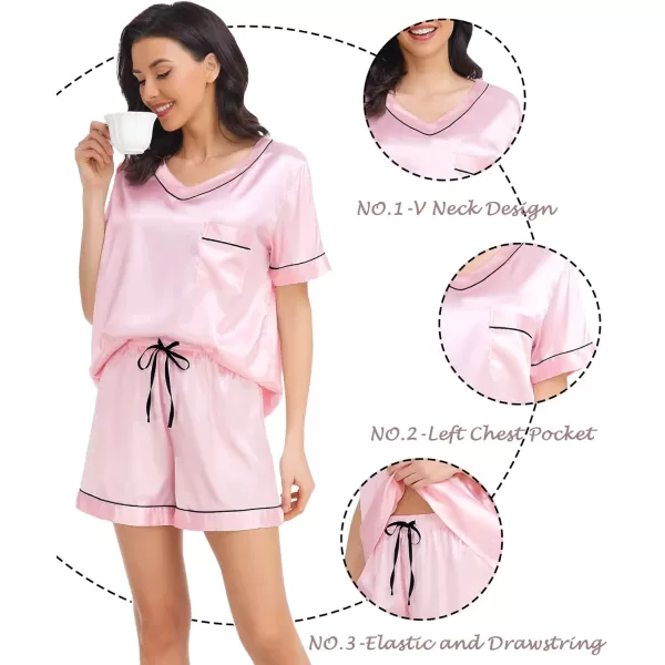 SWOMOG Womens Silk Satin Pajamas Set Silky Pj Sets Short Sleeve Comfy Lounge Sets V Neck Sleepwear Top with Shorts 2 PcsRose Pink