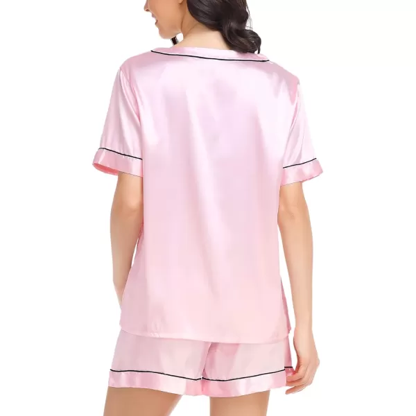 SWOMOG Womens Silk Satin Pajamas Set Silky Pj Sets Short Sleeve Comfy Lounge Sets V Neck Sleepwear Top with Shorts 2 PcsRose Pink