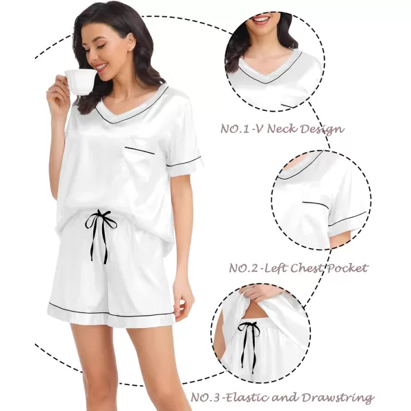 SWOMOG Womens Silk Satin Pajamas Set Silky Pj Sets Short Sleeve Comfy Lounge Sets V Neck Sleepwear Top with Shorts 2 PcsWhite