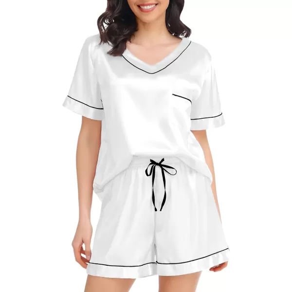 SWOMOG Womens Silk Satin Pajamas Set Silky Pj Sets Short Sleeve Comfy Lounge Sets V Neck Sleepwear Top with Shorts 2 PcsWhite