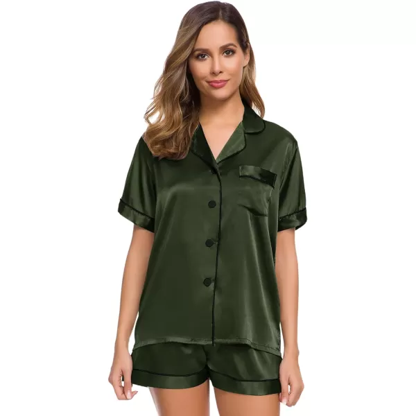 SWOMOG Womens Silk Satin Pajamas Set Twopiece Pj Sets Sleepwear Loungewear ButtonDown Pj SetsArmy Green