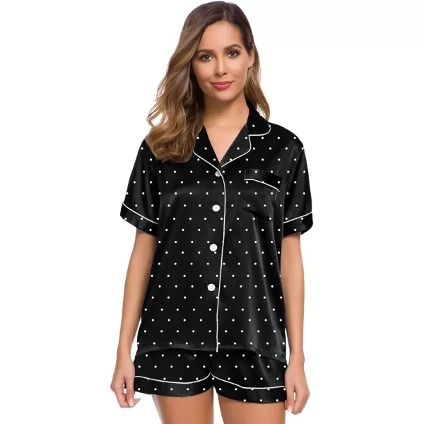 SWOMOG Womens Silk Satin Pajamas Set Twopiece Pj Sets Sleepwear Loungewear ButtonDown Pj SetsBlack Dots