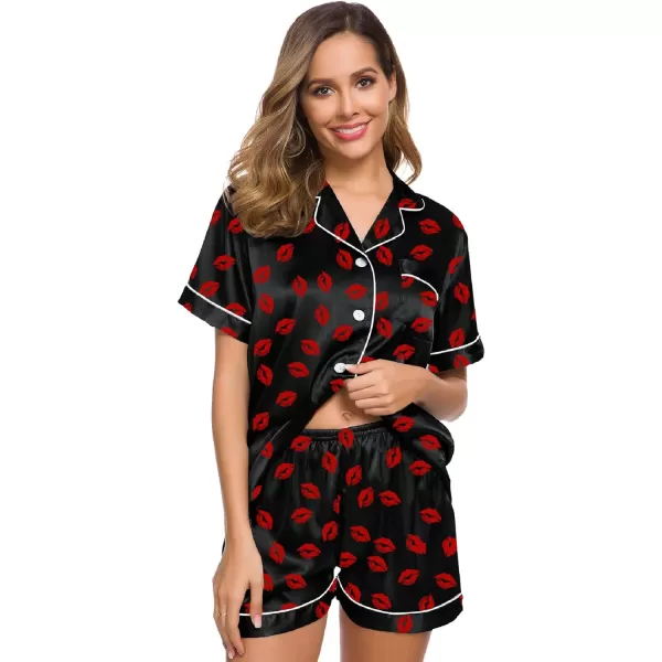 SWOMOG Womens Silk Satin Pajamas Set Twopiece Pj Sets Sleepwear Loungewear ButtonDown Pj SetsBlack Kiss