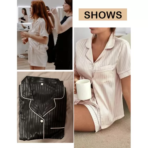 SWOMOG Womens Silk Satin Pajamas Set Twopiece Pj Sets Sleepwear Loungewear ButtonDown Pj SetsBlack Style2pinstriped