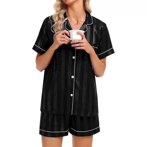 SWOMOG Womens Silk Satin Pajamas Set Twopiece Pj Sets Sleepwear Loungewear ButtonDown Pj SetsBlackstriped