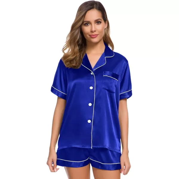 SWOMOG Womens Silk Satin Pajamas Set Twopiece Pj Sets Sleepwear Loungewear ButtonDown Pj SetsBlue