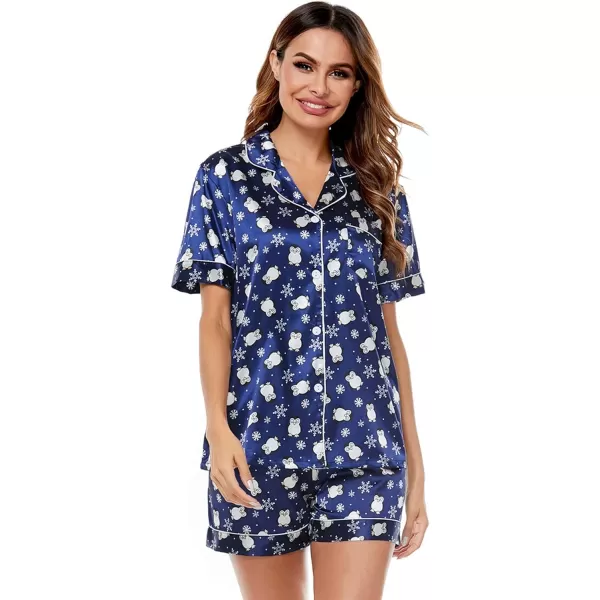 SWOMOG Womens Silk Satin Pajamas Set Twopiece Pj Sets Sleepwear Loungewear ButtonDown Pj SetsBlue Penguin