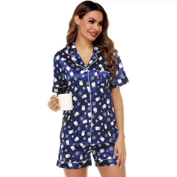 SWOMOG Womens Silk Satin Pajamas Set Twopiece Pj Sets Sleepwear Loungewear ButtonDown Pj SetsBlue Penguin