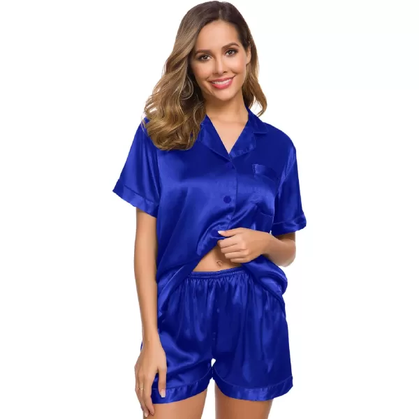 SWOMOG Womens Silk Satin Pajamas Set Twopiece Pj Sets Sleepwear Loungewear ButtonDown Pj SetsBlue Solid214