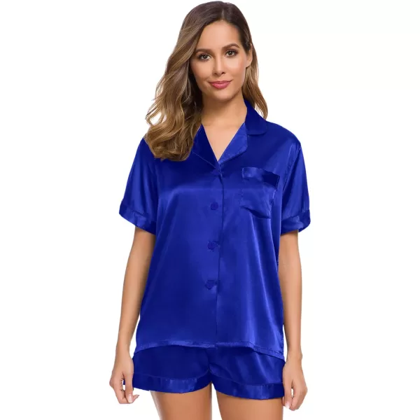 SWOMOG Womens Silk Satin Pajamas Set Twopiece Pj Sets Sleepwear Loungewear ButtonDown Pj SetsBlue Solid214