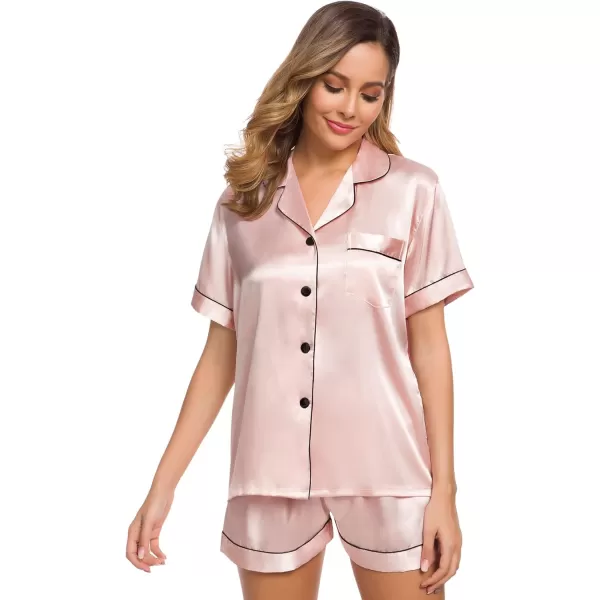 SWOMOG Womens Silk Satin Pajamas Set Twopiece Pj Sets Sleepwear Loungewear ButtonDown Pj SetsBlush Pink