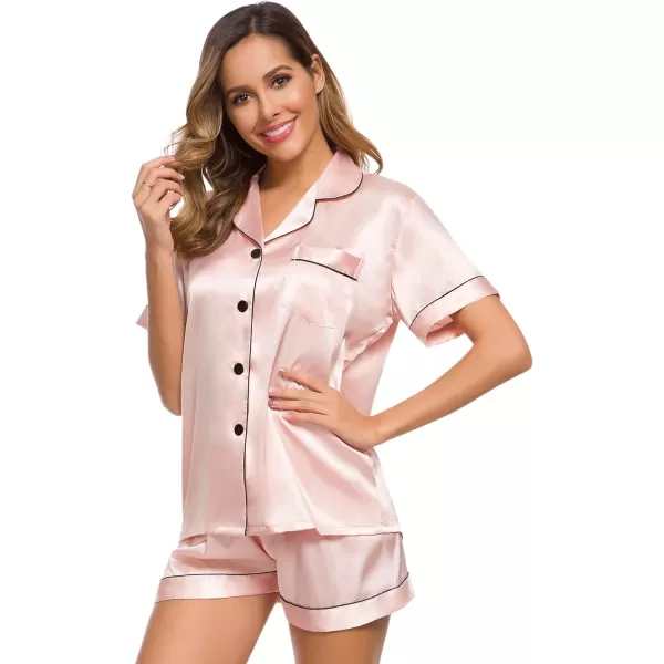 SWOMOG Womens Silk Satin Pajamas Set Twopiece Pj Sets Sleepwear Loungewear ButtonDown Pj SetsBlush Pink