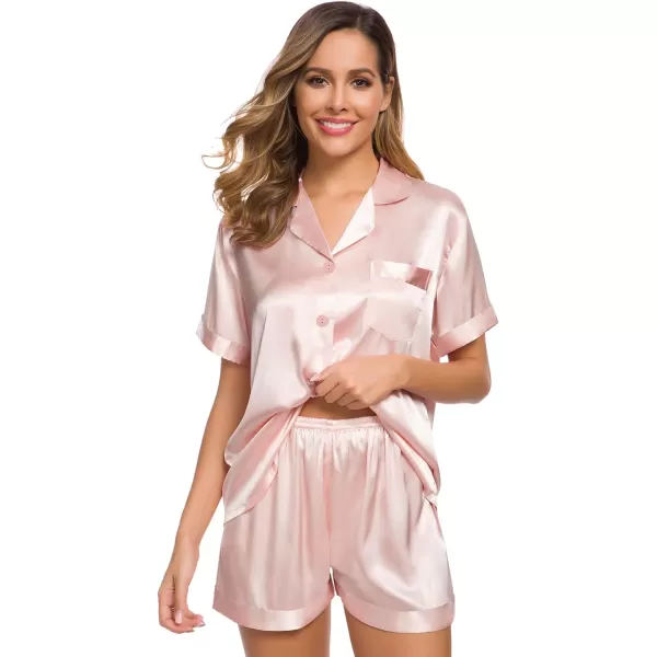 SWOMOG Womens Silk Satin Pajamas Set Twopiece Pj Sets Sleepwear Loungewear ButtonDown Pj SetsBlush Pink Solid214