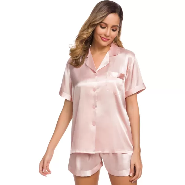 SWOMOG Womens Silk Satin Pajamas Set Twopiece Pj Sets Sleepwear Loungewear ButtonDown Pj SetsBlush Pink Solid214