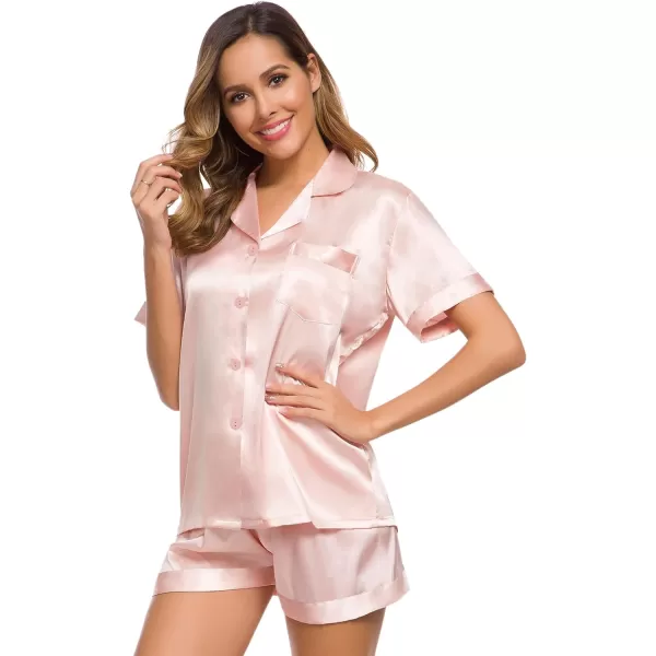 SWOMOG Womens Silk Satin Pajamas Set Twopiece Pj Sets Sleepwear Loungewear ButtonDown Pj SetsBlush Pink Solid214