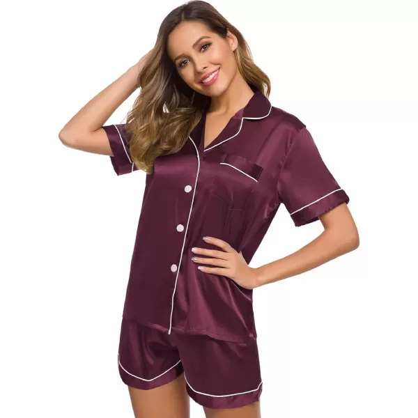 SWOMOG Womens Silk Satin Pajamas Set Twopiece Pj Sets Sleepwear Loungewear ButtonDown Pj SetsBordeaux Red