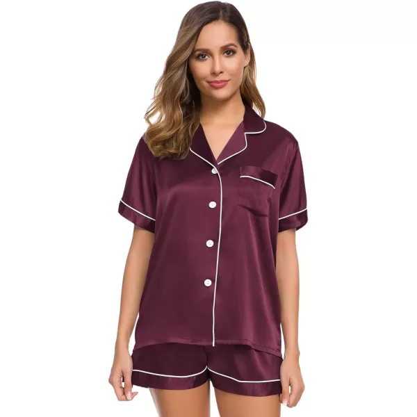 SWOMOG Womens Silk Satin Pajamas Set Twopiece Pj Sets Sleepwear Loungewear ButtonDown Pj SetsBordeaux Red