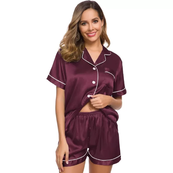 SWOMOG Womens Silk Satin Pajamas Set Twopiece Pj Sets Sleepwear Loungewear ButtonDown Pj SetsBordeaux Red