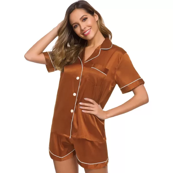 SWOMOG Womens Silk Satin Pajamas Set Twopiece Pj Sets Sleepwear Loungewear ButtonDown Pj SetsBurnt Orange