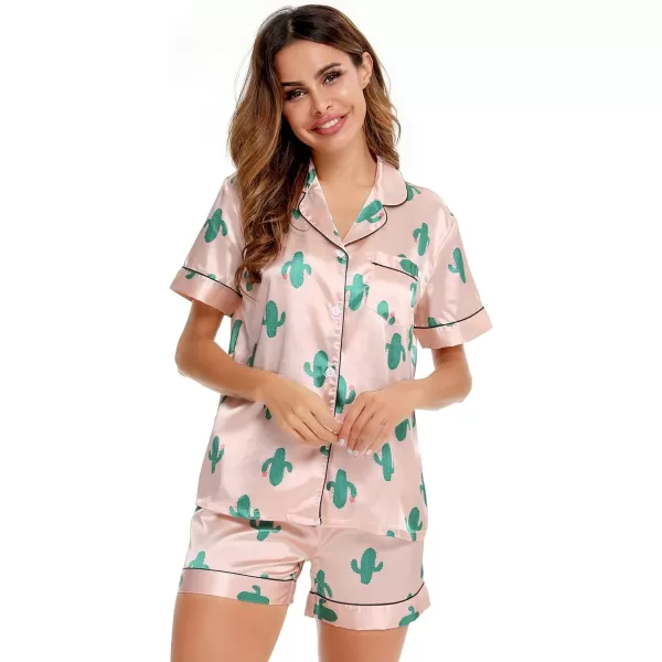 SWOMOG Womens Silk Satin Pajamas Set Twopiece Pj Sets Sleepwear Loungewear ButtonDown Pj SetsCactus Pink