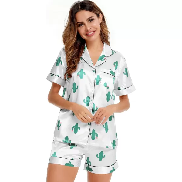 SWOMOG Womens Silk Satin Pajamas Set Twopiece Pj Sets Sleepwear Loungewear ButtonDown Pj SetsCactus White