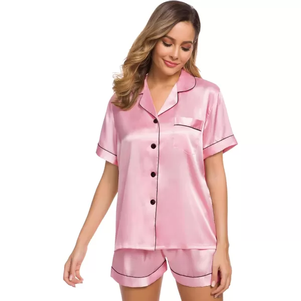 SWOMOG Womens Silk Satin Pajamas Set Twopiece Pj Sets Sleepwear Loungewear ButtonDown Pj SetsCarnation Pink