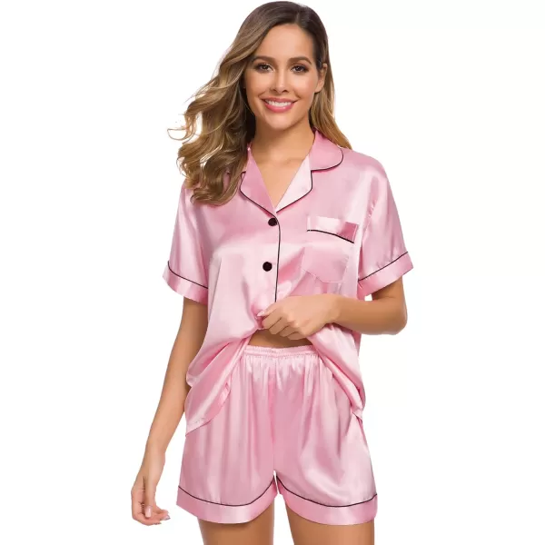 SWOMOG Womens Silk Satin Pajamas Set Twopiece Pj Sets Sleepwear Loungewear ButtonDown Pj SetsCarnation Pink