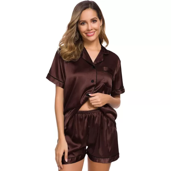 SWOMOG Womens Silk Satin Pajamas Set Twopiece Pj Sets Sleepwear Loungewear ButtonDown Pj SetsCoffee