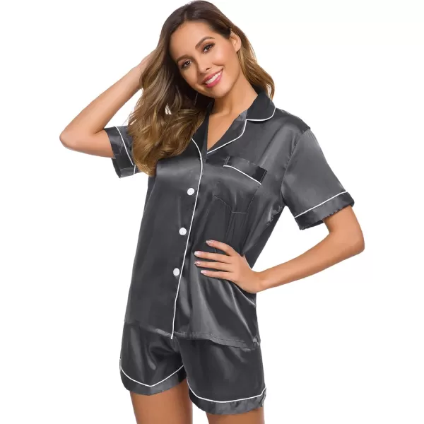 SWOMOG Womens Silk Satin Pajamas Set Twopiece Pj Sets Sleepwear Loungewear ButtonDown Pj SetsDark Silver