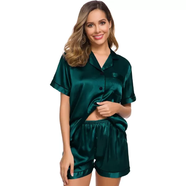 SWOMOG Womens Silk Satin Pajamas Set Twopiece Pj Sets Sleepwear Loungewear ButtonDown Pj SetsDeep Green 1