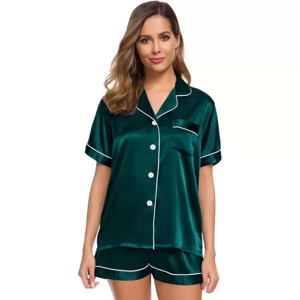 SWOMOG Womens Silk Satin Pajamas Set Twopiece Pj Sets Sleepwear Loungewear ButtonDown Pj SetsDeep Green