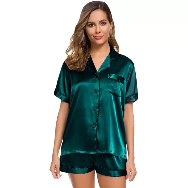 SWOMOG Womens Silk Satin Pajamas Set Twopiece Pj Sets Sleepwear Loungewear ButtonDown Pj SetsDeep Green Solid214