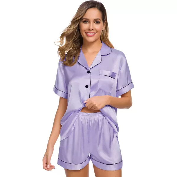 SWOMOG Womens Silk Satin Pajamas Set Twopiece Pj Sets Sleepwear Loungewear ButtonDown Pj SetsDeep Lavender