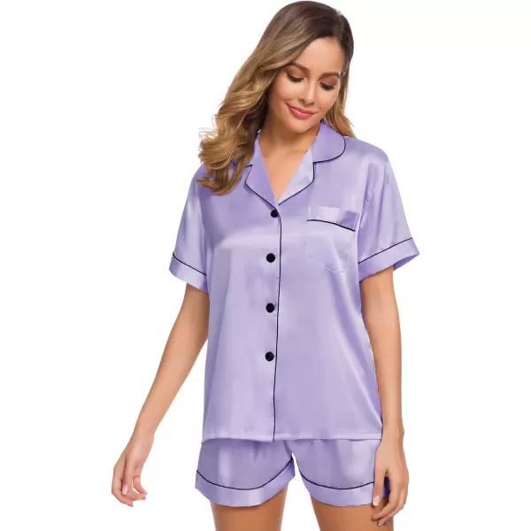 SWOMOG Womens Silk Satin Pajamas Set Twopiece Pj Sets Sleepwear Loungewear ButtonDown Pj SetsDeep Lavender