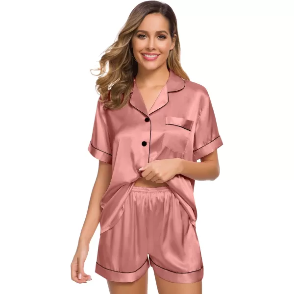 SWOMOG Womens Silk Satin Pajamas Set Twopiece Pj Sets Sleepwear Loungewear ButtonDown Pj SetsDeep Misty Rose