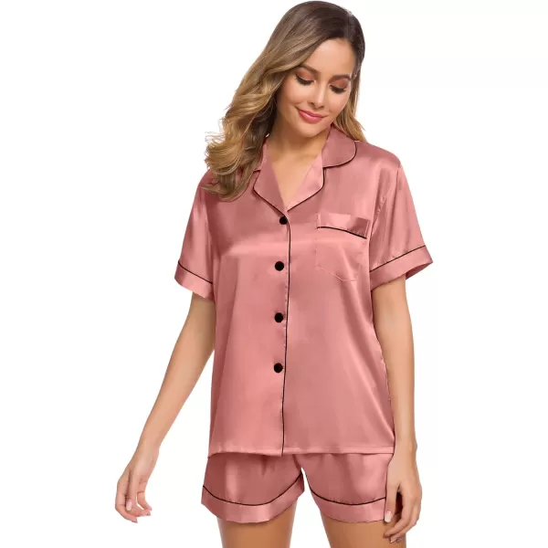 SWOMOG Womens Silk Satin Pajamas Set Twopiece Pj Sets Sleepwear Loungewear ButtonDown Pj SetsDeep Misty Rose