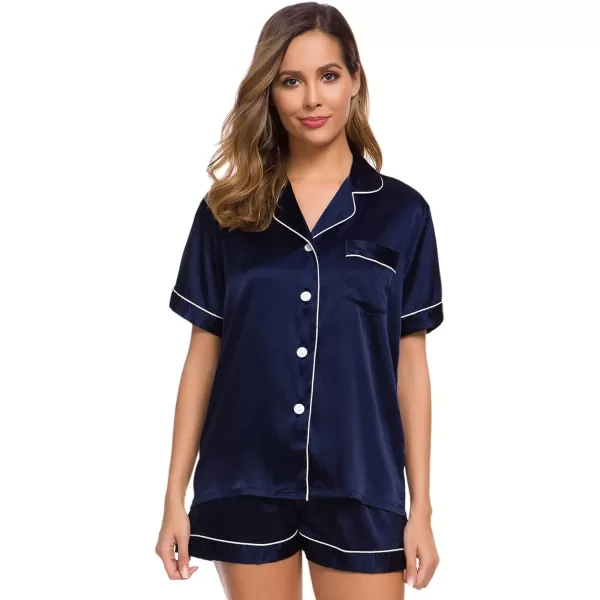 SWOMOG Womens Silk Satin Pajamas Set Twopiece Pj Sets Sleepwear Loungewear ButtonDown Pj SetsDeep Navy Blue