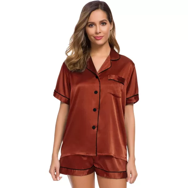 SWOMOG Womens Silk Satin Pajamas Set Twopiece Pj Sets Sleepwear Loungewear ButtonDown Pj SetsDeep Orange