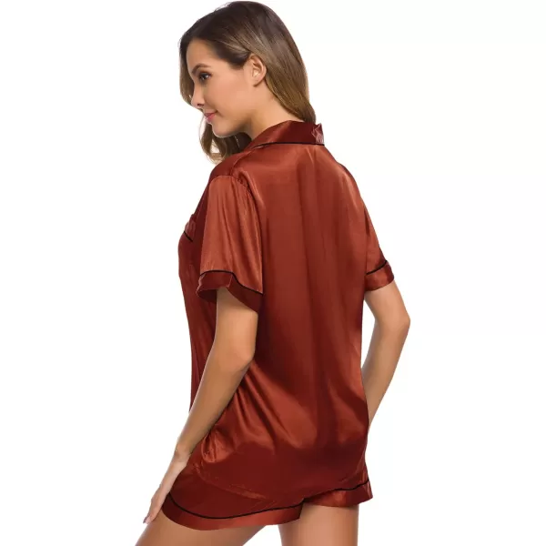 SWOMOG Womens Silk Satin Pajamas Set Twopiece Pj Sets Sleepwear Loungewear ButtonDown Pj SetsDeep Orange