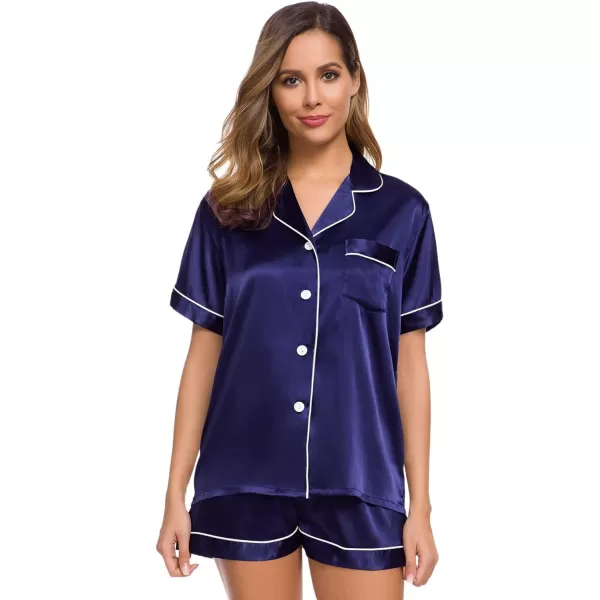 SWOMOG Womens Silk Satin Pajamas Set Twopiece Pj Sets Sleepwear Loungewear ButtonDown Pj SetsDeep Sea Blue