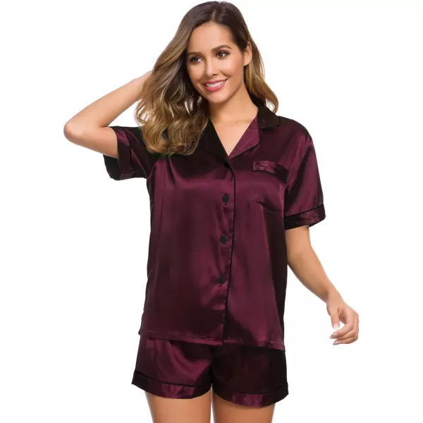 SWOMOG Womens Silk Satin Pajamas Set Twopiece Pj Sets Sleepwear Loungewear ButtonDown Pj SetsDeep Wine Red 1