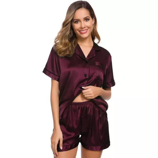 SWOMOG Womens Silk Satin Pajamas Set Twopiece Pj Sets Sleepwear Loungewear ButtonDown Pj SetsDeep Wine Red 1