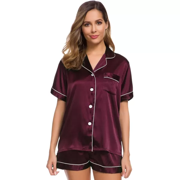 SWOMOG Womens Silk Satin Pajamas Set Twopiece Pj Sets Sleepwear Loungewear ButtonDown Pj SetsDeep Wine Red