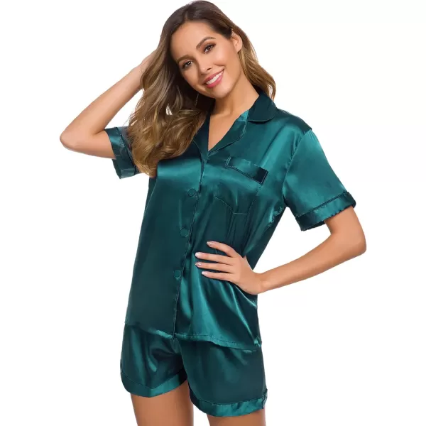 SWOMOG Womens Silk Satin Pajamas Set Twopiece Pj Sets Sleepwear Loungewear ButtonDown Pj SetsGreen Solid214